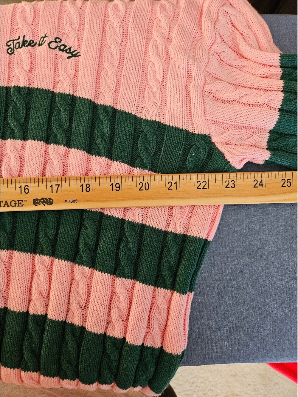 All In Motion Pink and Green Striped Cropped Cable Knit Pullover Sweater-Medium - Picture 6 of 7